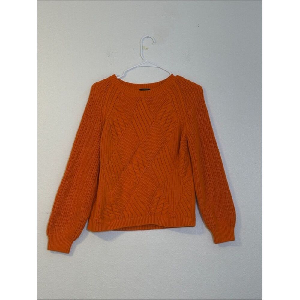 Talbots Chunky Cable Knit Sweater Womens Medium Petite Fall Puff Sleeve Orange - Picture 4 of 9